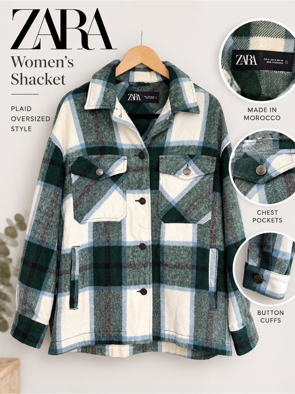 Zara Plaid Overshirt Jacket Size M Green Cream Blue Shacket
